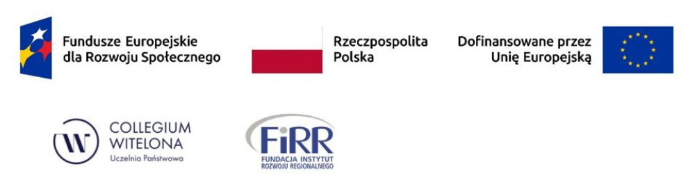 logotypy funduszy europejskich, flaga RP, logo uczelni Collegium Witelona i partnera